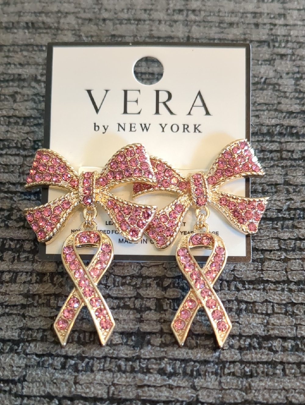 Pink Ribbon Bow Earrings – Breast Cancer Awareness Rhinestone Dangle, Goldtone